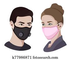 Colorful air pollution face masks set isolated, asian china man and woman wearing medical virus mask, coronavirus protection and healthcare, vector illustration Colorful air pollution face masks set isolated, asian china man and woman wearing medical virus mask, coronavirus protection and healthcare, vector illustration