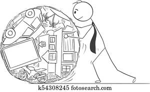 Conceptual Cartoon of Businessman or Man Rolling or Pushing his Life or Live Expenses