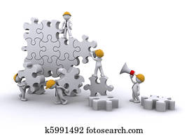 equipe negócio, trabalho, predios, um, puzzle., negócio, desenvolvendo, concept.