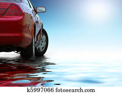 Red sporty car isolated on clean background reflects in the water.