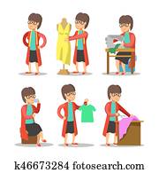 Woman Fashion Designer Cartoon. Dressmaker with Mannequin. Vector character illustration