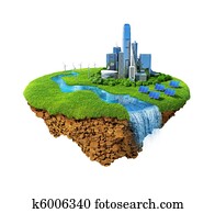 Eco city concept. Cityscape on a lawn with river, waterfall. Fancy island in the air isolated. Detailed ground in the base. Concept of success and happiness, idyllic modern harmony lifestyle. Eco city concept. Cityscape on a lawn with river, waterfall. Fancy island in the air isolated. Detailed ground in the base. Concept of success and happiness, idyllic modern harmony lifestyle.