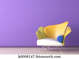 inneneinrichtung, mit, sessel, auf, sambara veilchen, wand