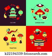 china, ilustración, conjunto