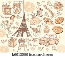 Collection symbols of Paris. Hand d Collection symbols of Paris. Hand d