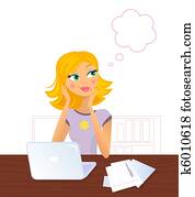 glückliches lächeln, blond, frau sitzen, hinter, laptop, und, träumend