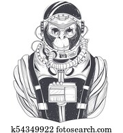 hand drawn illustration of a monkey astronaut, chimpanzee in a space suit hand drawn illustration of a monkey astronaut, chimpanzee in a space suit
