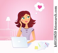 Happy woman daydreaming about love in office Happy woman daydreaming about love in office