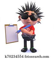 Punk rock 3d cartoon character holding a clipboard and pencil Punk rock 3d cartoon character holding a clipboard and pencil