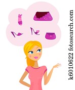 Woman with shopping bags and shoes in her thoughts Woman with shopping bags and shoes in her thoughts