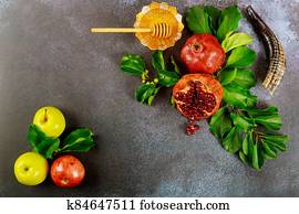 Apples, pomegranate and honey for Rosh Hashanah with horn. Apples, pomegranate and honey for Rosh Hashanah with horn.