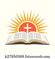 biblia, ocaso, y, cross., iglesia, logotipo, concept., aislado, blanco, fondo.