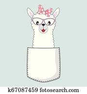 Cute cool baby llama girl in the pocket isolated on blue background. Cute cool baby llama girl in the pocket isolated on blue background.