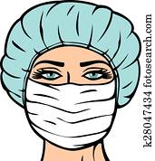 junge frau, doktor, mit, maske, und, kappe junge frau, doktor, mit, maske, und, kappe