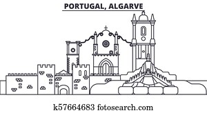 portugal, algarve, linha, skyline, vetorial, illustration., portugal, algarve, linear, cityscape, com, famosos, marcos, cidade, vistas, vetorial, paisagem.