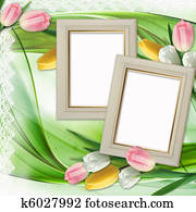 Three picture frames and tulips flowers Three picture frames and tulips flowers