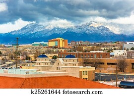 View of distant mountains and buildings in Albuquerque, New Mexi