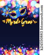 Bright Mardi Gras poster template with bokeh effect lights and blue carnival mask Bright Mardi Gras poster template with bokeh effect lights and blue carnival mask