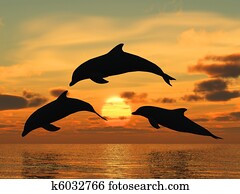 golfinho, amarela, pôr do sol