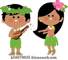 Hawaiian children playing music and hula dancing. Vector illustration Hawaiian children playing music and hula dancing. Vector illustration