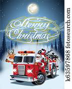 karikatur, früher, weihnachten, plakat, mit, firetruck, und, weihnachtsmann karikatur, früher, weihnachten, plakat, mit, firetruck, und, weihnachtsmann