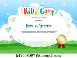 kinder, sommerlager, diplom, oder, bescheinigung, mit, karikatur, stil, hintergrund kinder, sommerlager, diplom, oder, bescheinigung, mit, karikatur, stil, hintergrund