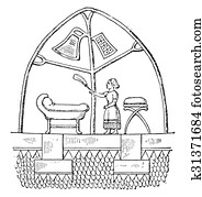 Assyrian bed in a tent, vintage engraving.