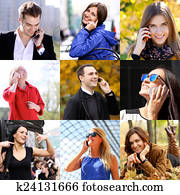 Connection concept. People with mobile phone collage 