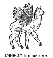 Cute llama with wings. Scratch board imitation. Black and white hand drawn image. Cute llama with wings. Scratch board imitation. Black and white hand drawn image.