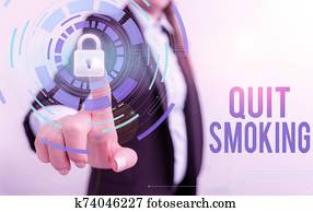 Text sign showing Quit Smoking. Conceptual photo process of discontinuing tobacco smoking or cessation Female human wear formal work suit presenting presentation use smart device.