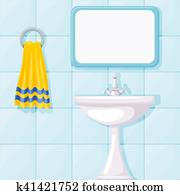 ベクトル イラスト の 浴室 セラミック 洗面台 タイルを張った 壁 鏡 そして 黄色 Towel クリップアート 切り張り イラスト 絵画 集 K Fotosearch