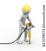 3d, homem, com, capacete, e, jackhammer, trabalhando