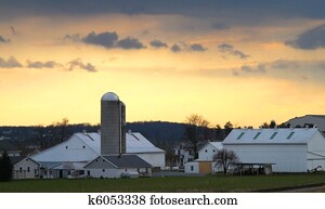 amish, fazenda, em, anoitecer