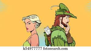 homem, e, woman., par, pensando, aproximadamente, something., surpreendido, pair., modernos, menina, e, medieval, legend., robin, hood., defensor, de, weak., heróis, de, medieval, legends., halftone, experiência., surpreendido, man.