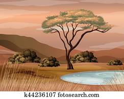szene, mit, teich, in, dass, feld szene, mit, teich, in, dass, feld