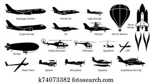 רשום, של, שונה, airplane,, aircraft,, aeroplane,, הקצע, ו, תעופה, icons.