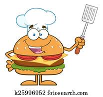 Cozinheiro, caveman, segurando, um, grande, hambúrguer Clipart