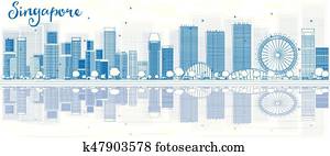 Outline Singapore skyline with blue buildings and reflections. Outline Singapore skyline with blue buildings and reflections.