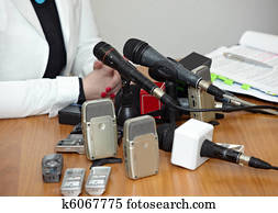 reunião negócio, conferência, jornalismo, microfones