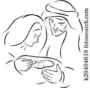 weihnachtsnativityszene, mit, heilig, familie, -, jesuskind, jungfrau maria, und, joseph, (vector, illustration)