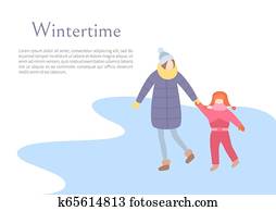 Wintertime Season, Mother Child Walking Outdoors