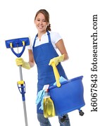 חמוד, אישה, עוזרת בית, עם, נקה