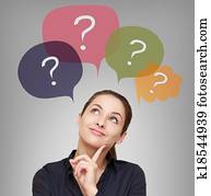 לחשוב, אישה של עסק, עם, הרבה, שאלות, ב, בועות, מעל