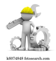 3d, trabalhador industrial, com, chave, um