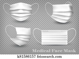 Collection of a white medical face masks isolated on transparent background. To protect from infection and coronavirus Covid -19. Realistic Vector Illustration. Collection of a white medical face masks isolated on transparent background. To protect from infection and coronavirus Covid -19. Realistic Vector Illustration.