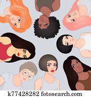  Power. Female diverse faces of different ethnicity. Women empowerment movement. Isolated illustration in vector.
