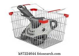 Shopping basket with game controller, 3D rendering