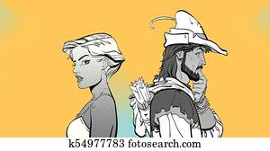 homem, e, woman., par, pensando, aproximadamente, something., surpreendido, pair., modernos, menina, e, medieval, legend., robin, hood., defensor, de, weak., heróis, de, medieval, legends., halftone, experiência., surpreendido, man.