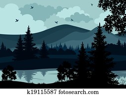 Landscape, trees, river and mountains Landscape, trees, river and mountains
