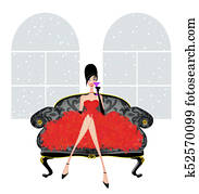 Pretty Young Woman on a Damask Loveseat in a Red Party Dress Pretty Young Woman on a Damask Loveseat in a Red Party Dress